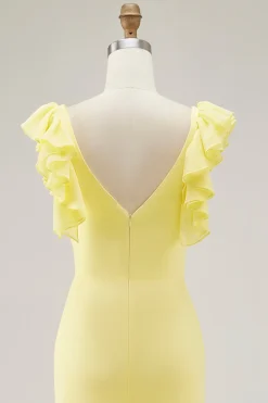 Sereia Amarela V-Neck Tiered Vestido Formal Longo com Folhos Fenda