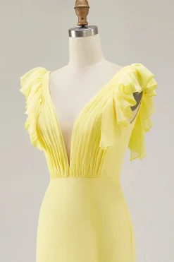 Sereia Amarela V-Neck Tiered Vestido Formal Longo com Folhos Fenda