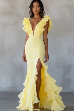 Sereia Amarela V-Neck Tiered Vestido Formal Longo com Folhos Fenda