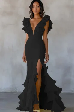 Sereia Amarela V-Neck Tiered Vestido Formal Longo com Folhos Fenda