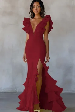 Sereia Amarela V-Neck Tiered Vestido Formal Longo com Folhos Fenda