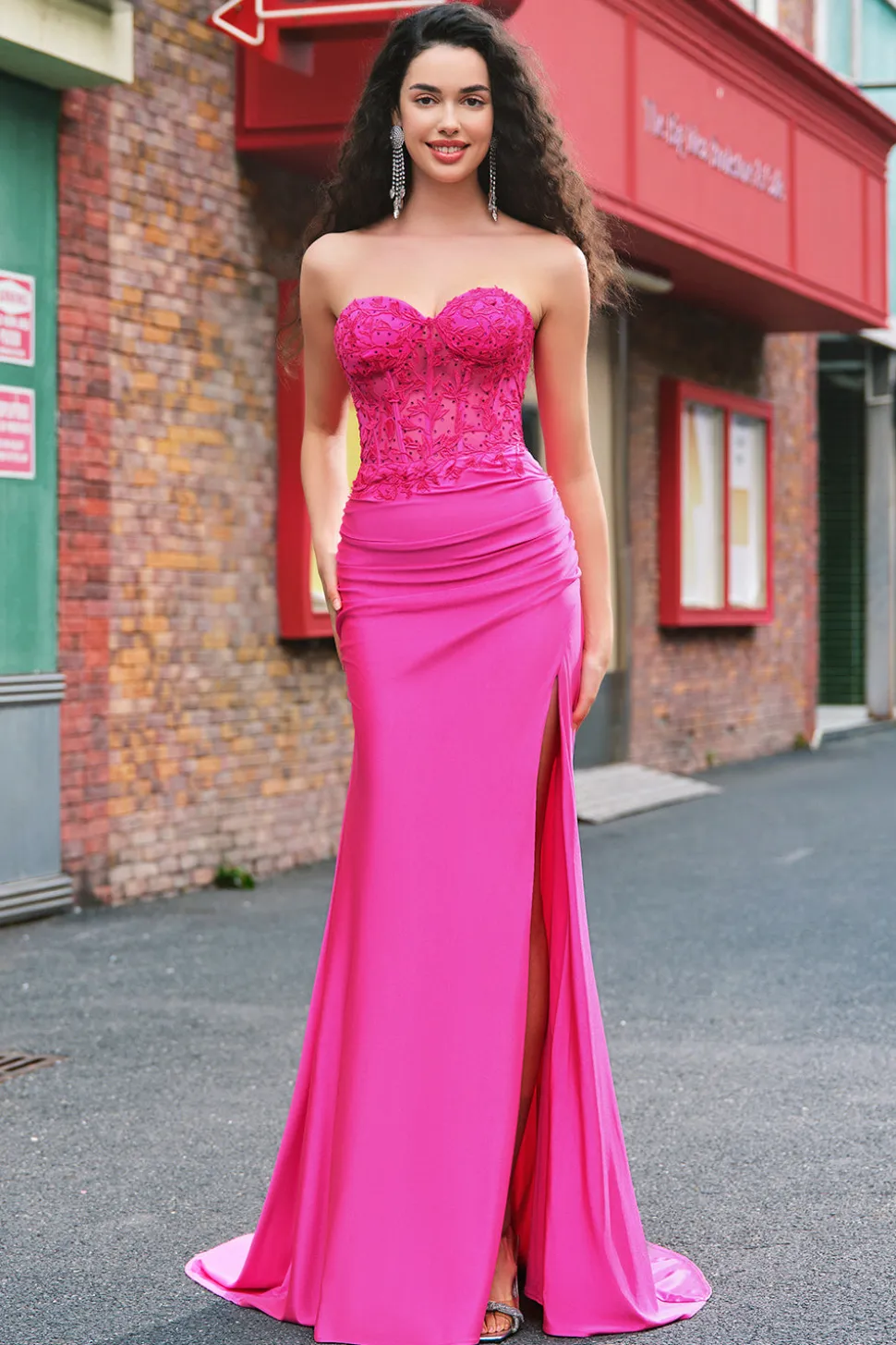 Sereia Applique Espartilho sem alças Long Fuchsia Prom Dress com Fenda