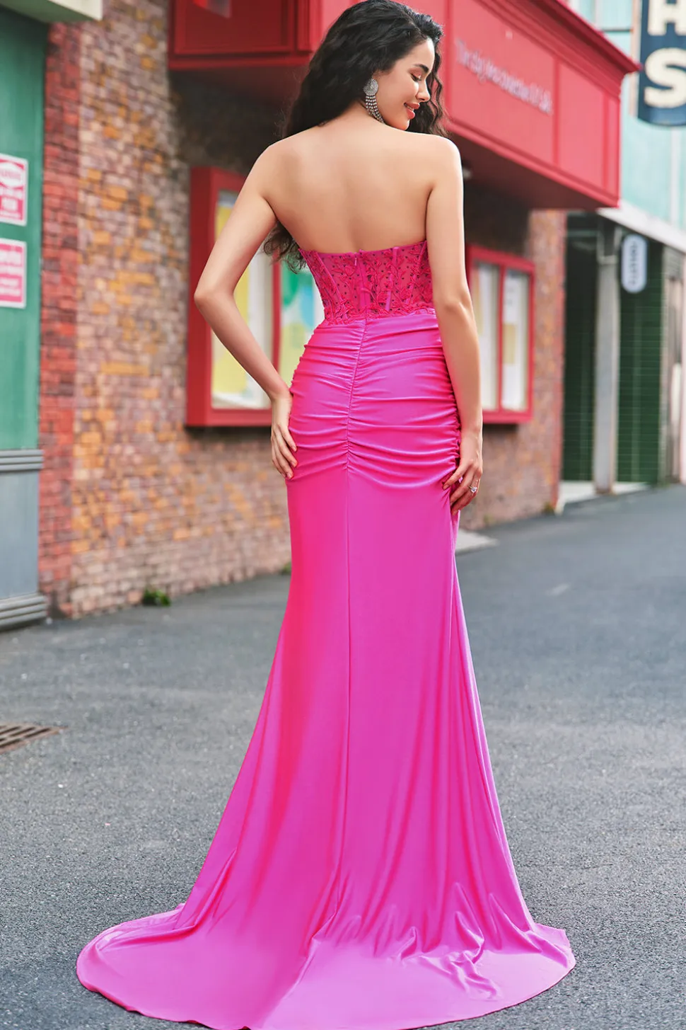 Sereia Applique Espartilho sem alças Long Fuchsia Prom Dress com Fenda
