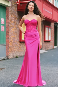 Sereia Applique Espartilho sem alças Long Fuchsia Prom Dress com Fenda