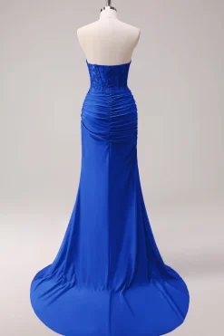 Sereia Applique Espartilho sem alças Long Fuchsia Prom Dress com Fenda
