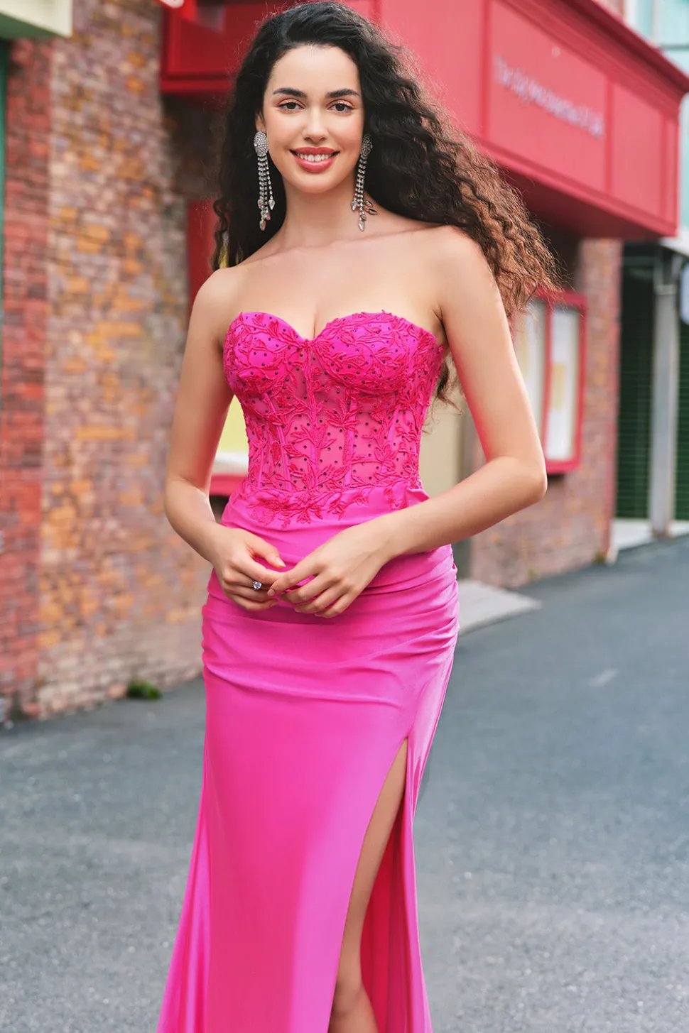 Sereia Applique Espartilho sem alças Long Fuchsia Prom Dress com Fenda