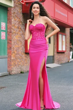 Sereia Applique Espartilho sem alças Long Fuchsia Prom Dress com Fenda