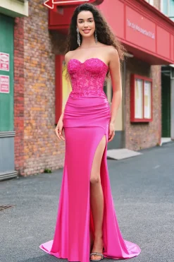 Sereia Applique Espartilho sem alças Long Fuchsia Prom Dress com Fenda
