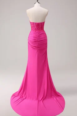 Sereia Applique Espartilho sem alças Long Fuchsia Prom Dress com Fenda
