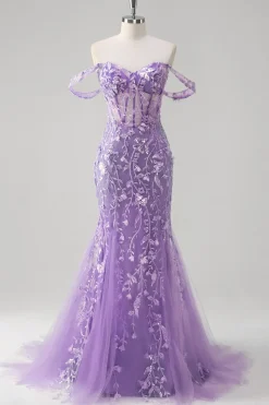 Sereia Applique fora do ombro espartilho vestido de baile azul