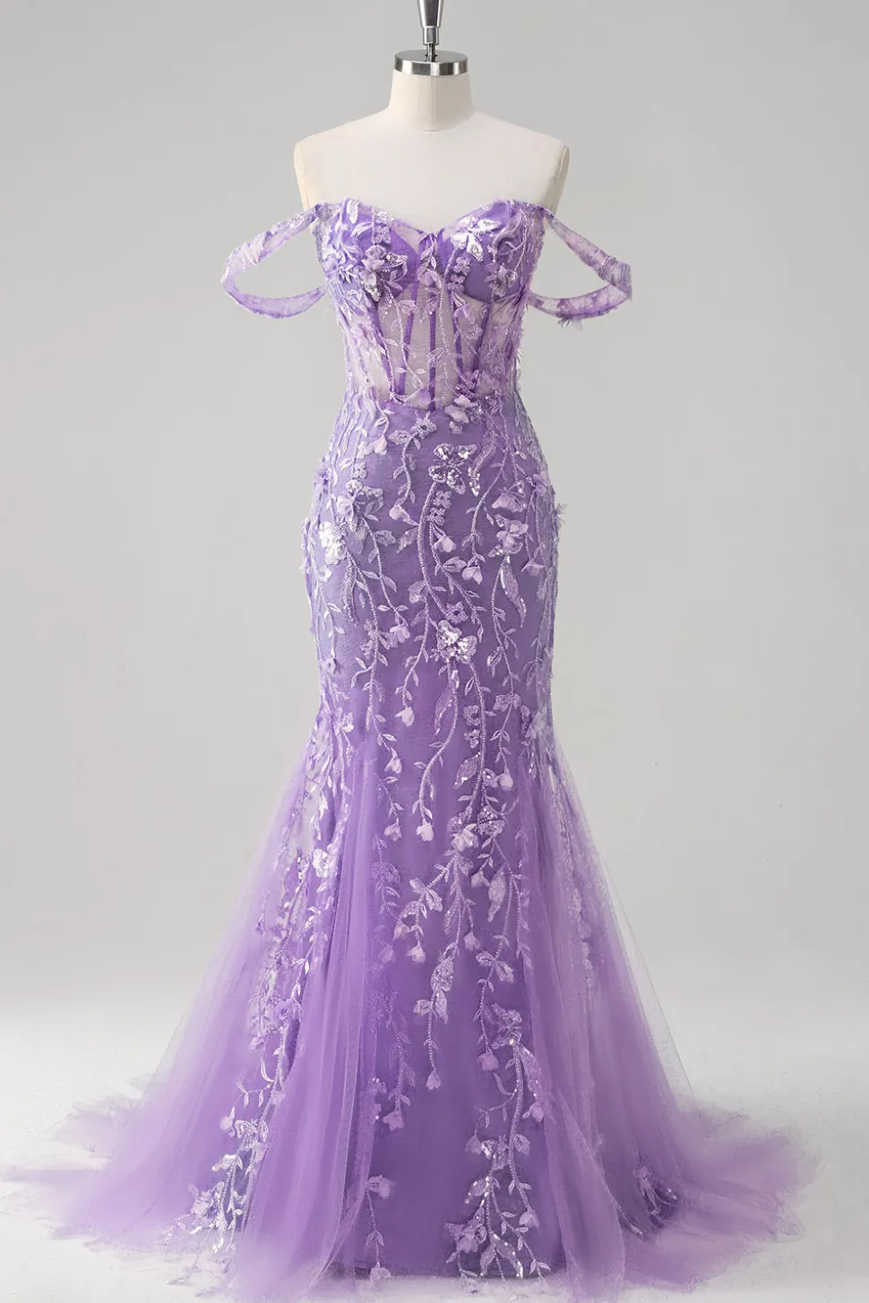 Sereia Applique fora do ombro espartilho vestido de baile azul