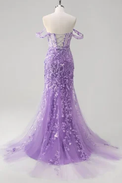 Sereia Applique fora do ombro espartilho vestido de baile azul