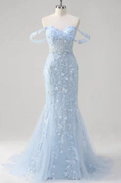 Sereia Applique fora do ombro espartilho vestido de baile azul