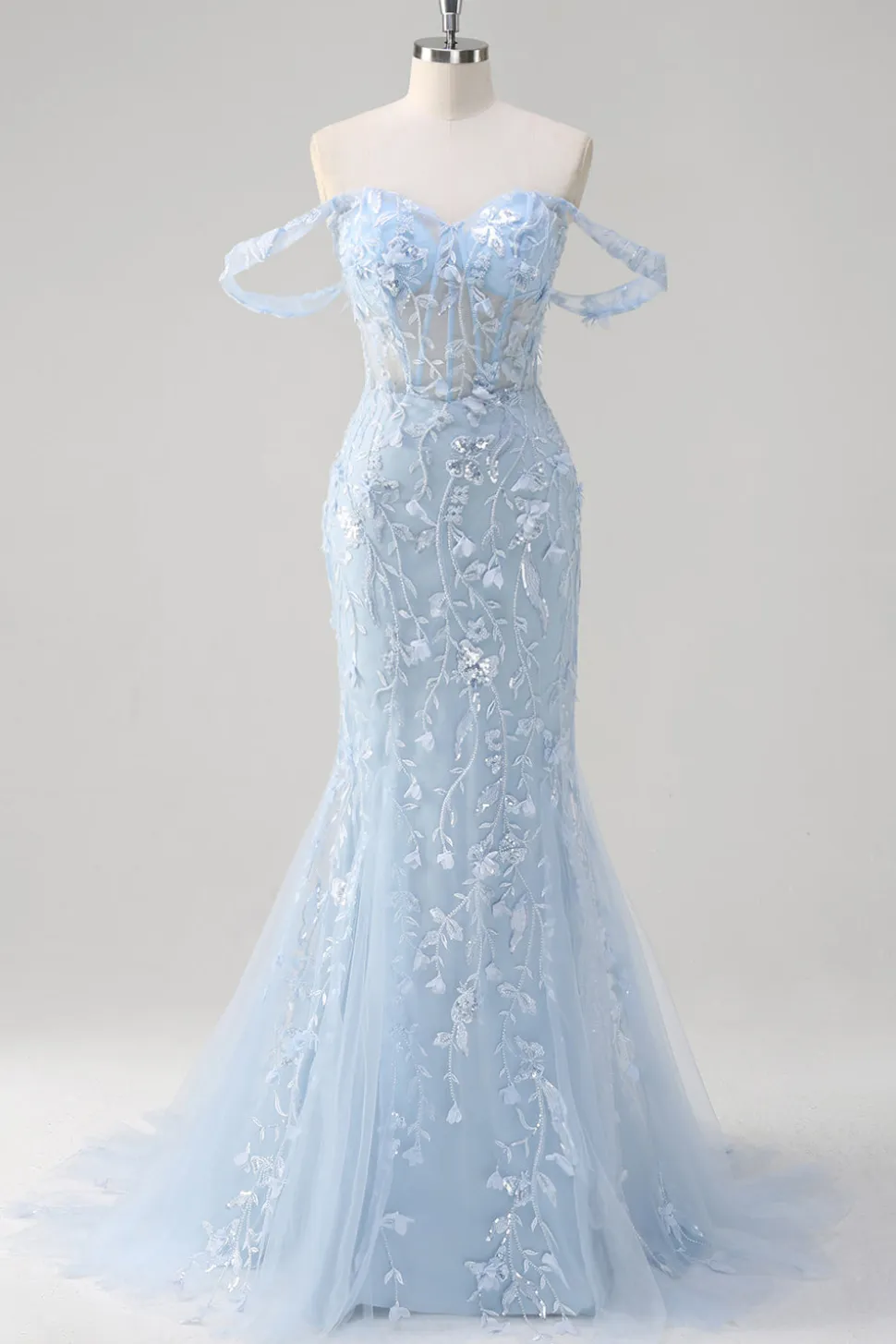 Sereia Applique fora do ombro espartilho vestido de baile azul