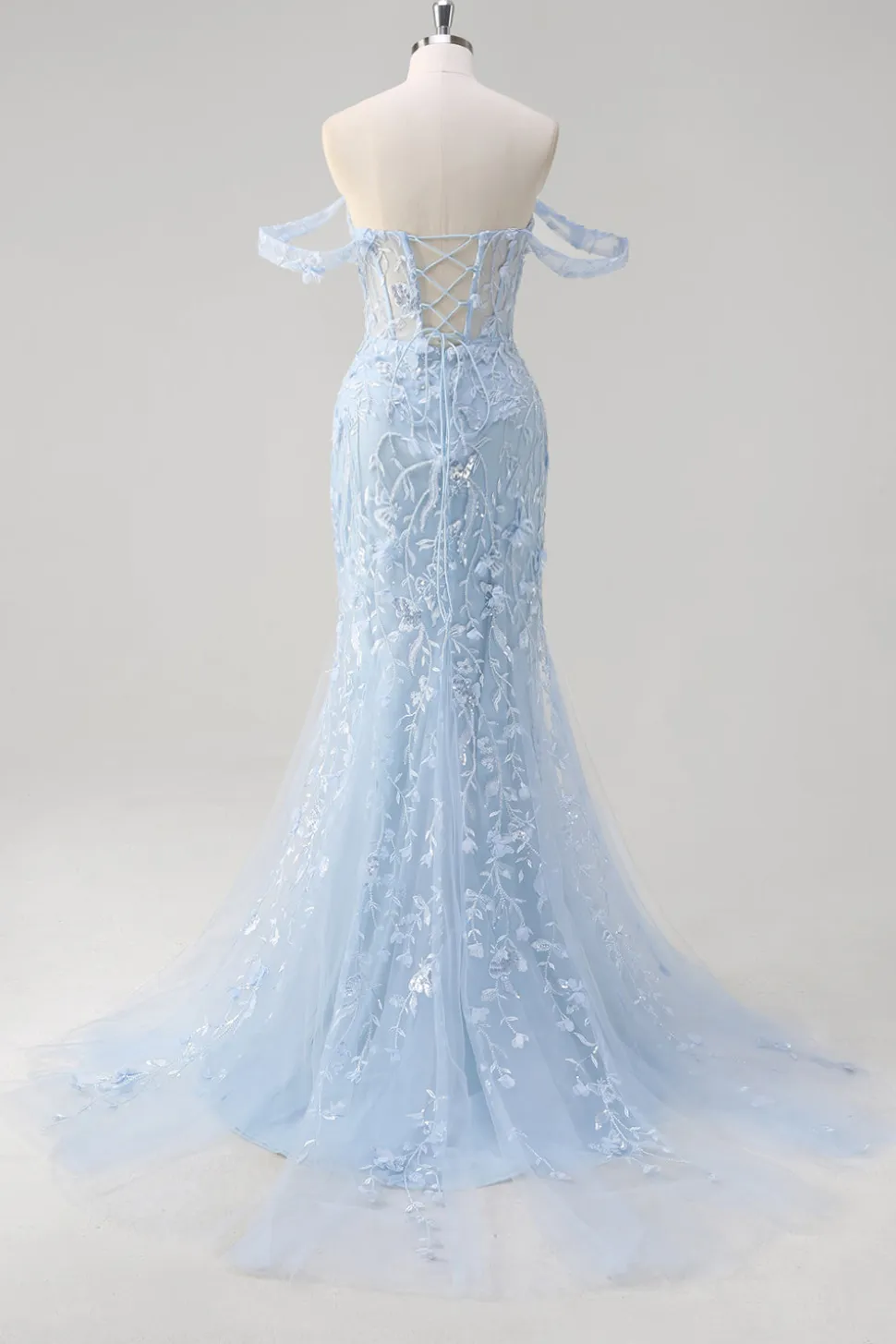 Sereia Applique fora do ombro espartilho vestido de baile azul