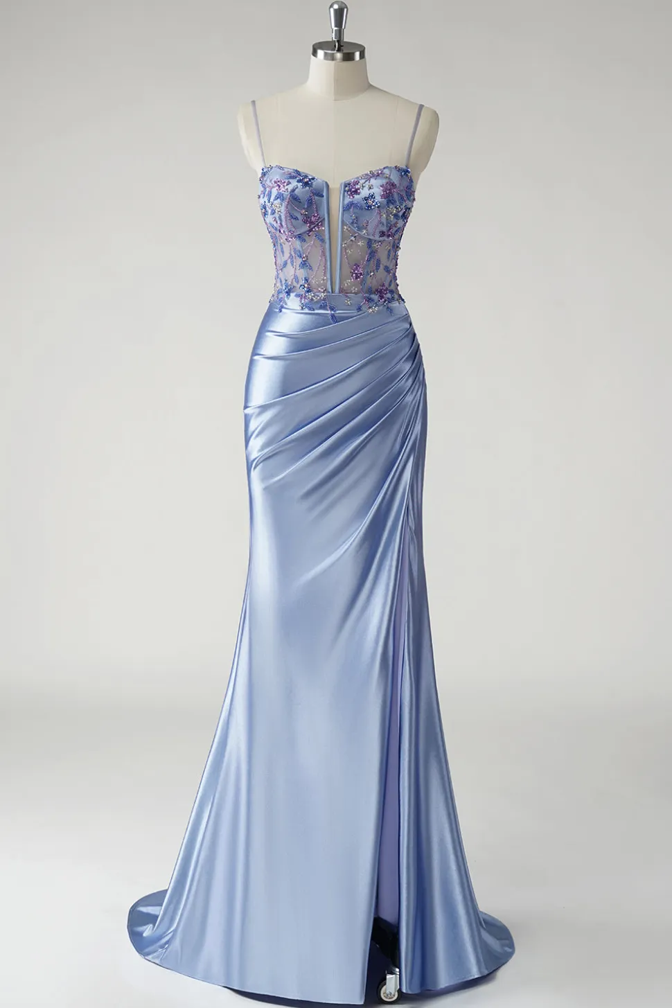 Sereia Azul Brilhante Cetim Vestido Longo Floral Prom com Fenda