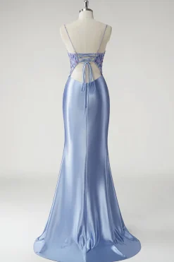 Sereia Azul Brilhante Cetim Vestido Longo Floral Prom com Fenda
