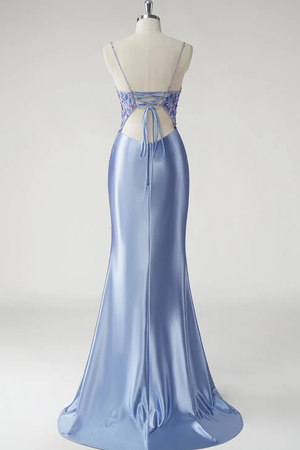 Sereia Azul Brilhante Cetim Vestido Longo Floral Prom com Fenda