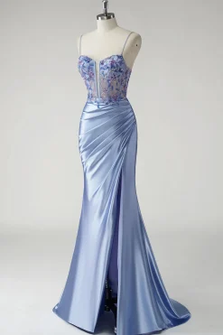 Sereia Azul Brilhante Cetim Vestido Longo Floral Prom com Fenda