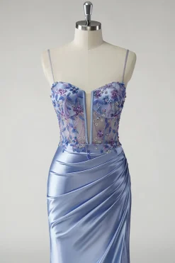 Sereia Azul Brilhante Cetim Vestido Longo Floral Prom com Fenda