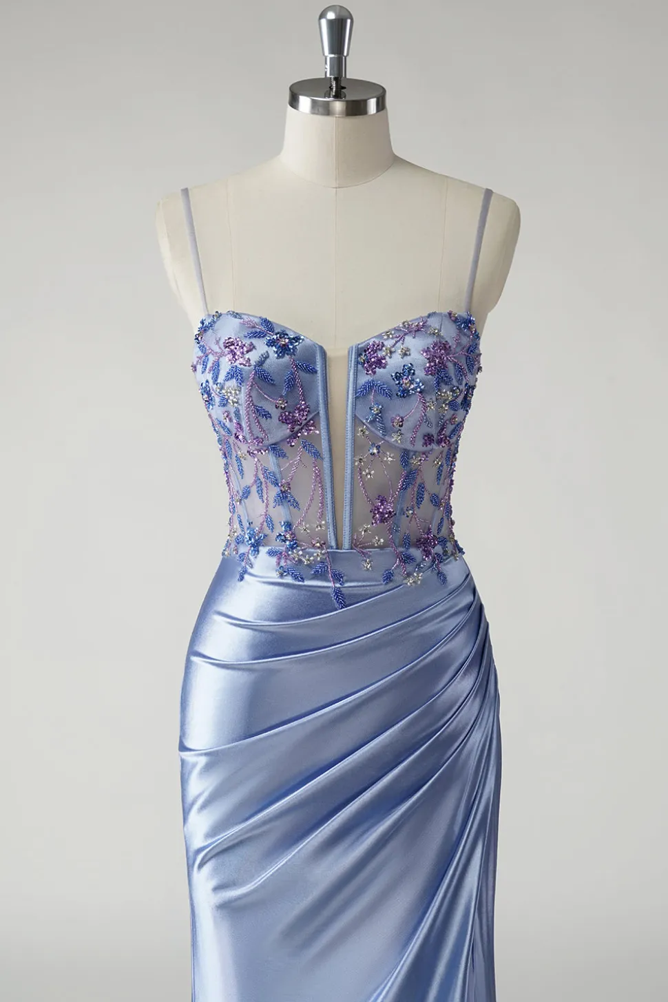 Sereia Azul Brilhante Cetim Vestido Longo Floral Prom com Fenda