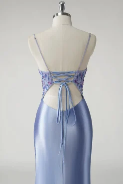 Sereia Azul Brilhante Cetim Vestido Longo Floral Prom com Fenda