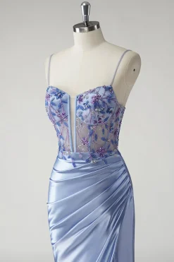 Sereia Azul Brilhante Cetim Vestido Longo Floral Prom com Fenda