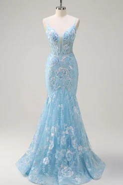 Sereia Azul Brilhante Esparguete Correias Sequin Corset Longo Vestido de Baile com Bordado