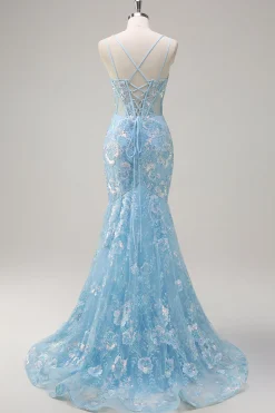 Sereia Azul Brilhante Esparguete Correias Sequin Corset Longo Vestido de Baile com Bordado