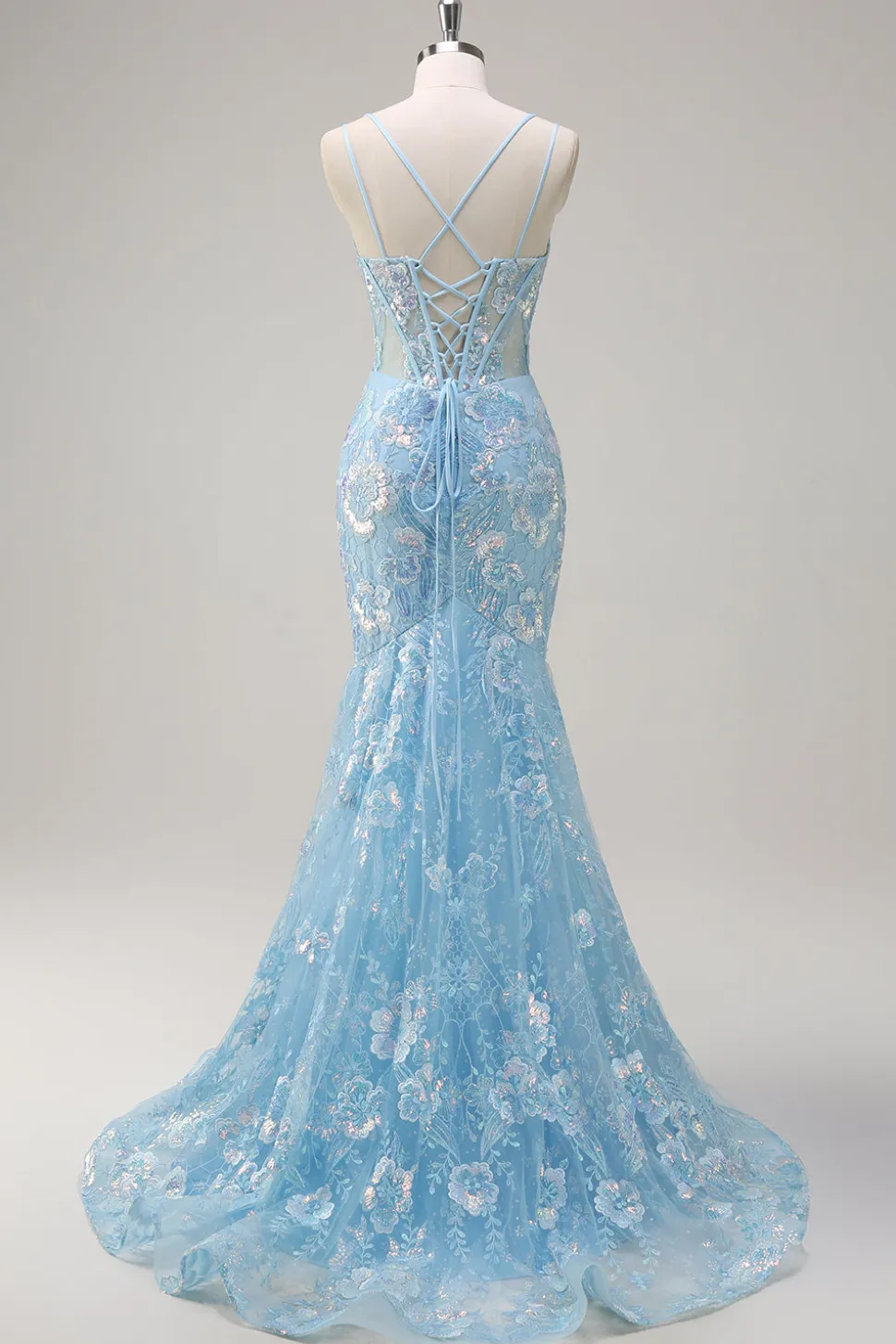 Sereia Azul Brilhante Esparguete Correias Sequin Corset Longo Vestido de Baile com Bordado