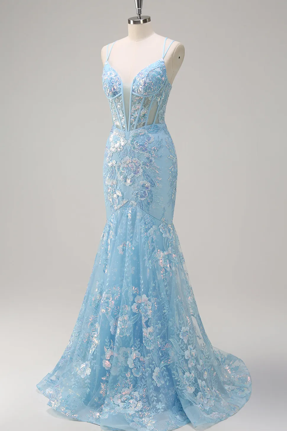 Sereia Azul Brilhante Esparguete Correias Sequin Corset Longo Vestido de Baile com Bordado