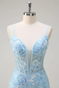 Sereia Azul Brilhante Esparguete Correias Sequin Corset Longo Vestido de Baile com Bordado