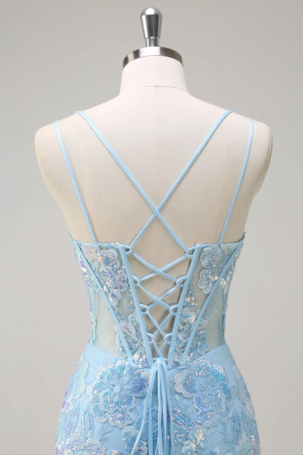 Sereia Azul Brilhante Esparguete Correias Sequin Corset Longo Vestido de Baile com Bordado