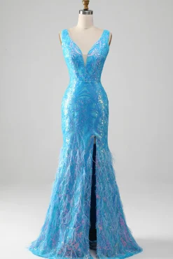 Sereia azul brilhante V-neck longo vestido de baile com fenda