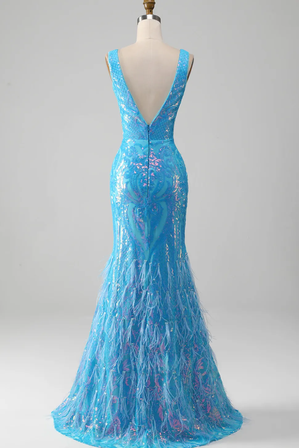 Sereia azul brilhante V-neck longo vestido de baile com fenda