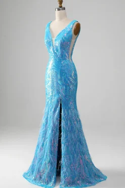 Sereia azul brilhante V-neck longo vestido de baile com fenda