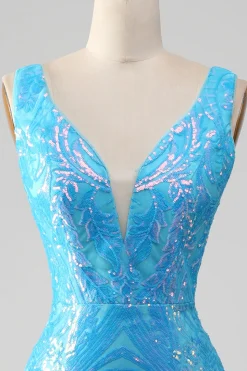 Sereia azul brilhante V-neck longo vestido de baile com fenda