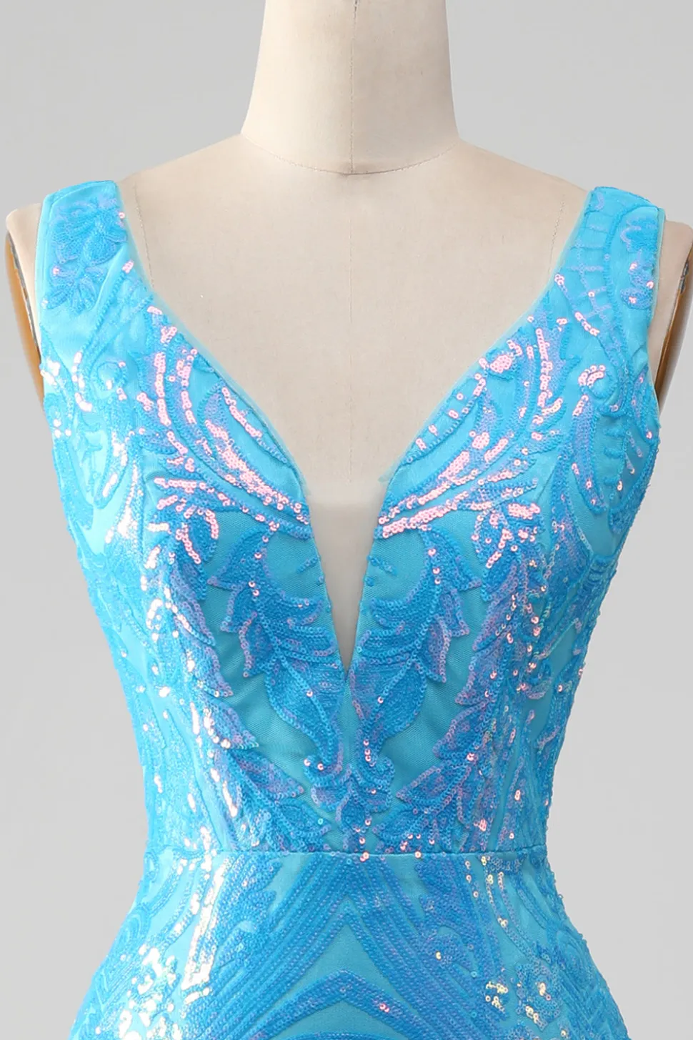 Sereia azul brilhante V-neck longo vestido de baile com fenda
