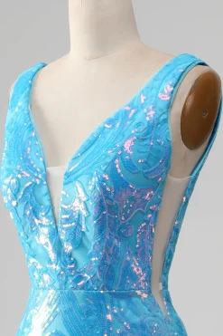 Sereia azul brilhante V-neck longo vestido de baile com fenda