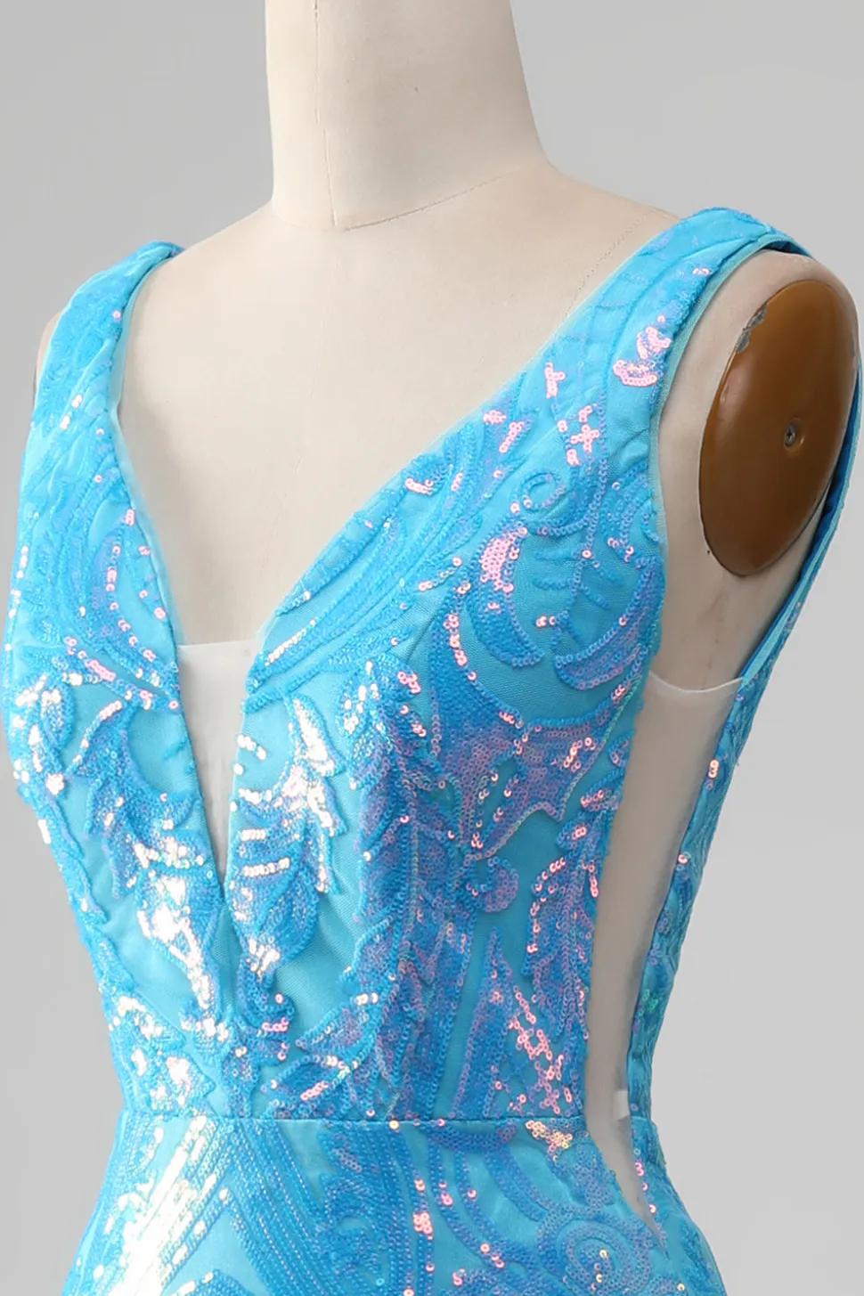Sereia azul brilhante V-neck longo vestido de baile com fenda