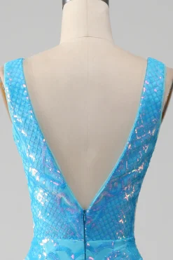 Sereia azul brilhante V-neck longo vestido de baile com fenda
