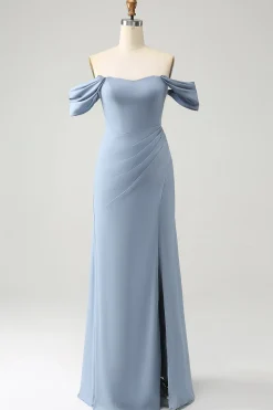 Sereia azul cinza fora do ombro Chiffon longo vestido de dama de honra com fenda