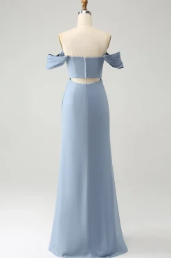 Sereia azul cinza fora do ombro Chiffon longo vestido de dama de honra com fenda