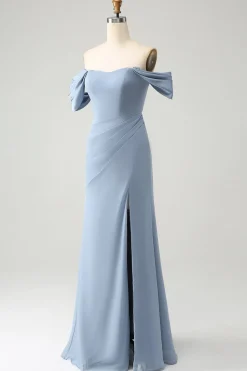 Sereia azul cinza fora do ombro Chiffon longo vestido de dama de honra com fenda
