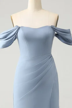 Sereia azul cinza fora do ombro Chiffon longo vestido de dama de honra com fenda