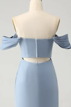 Sereia azul cinza fora do ombro Chiffon longo vestido de dama de honra com fenda