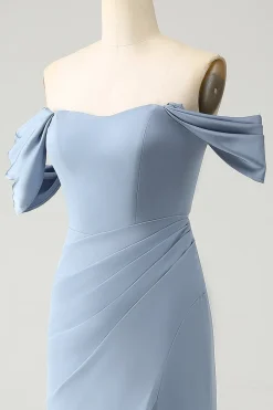 Sereia azul cinza fora do ombro Chiffon longo vestido de dama de honra com fenda