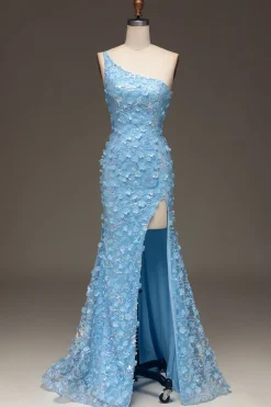 Sereia Azul Clara Um Ombro Lado Fenda Vestido de Baile de Lantejoulas com Apliques