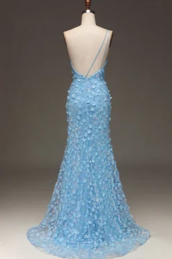 Sereia Azul Clara Um Ombro Lado Fenda Vestido de Baile de Lantejoulas com Apliques