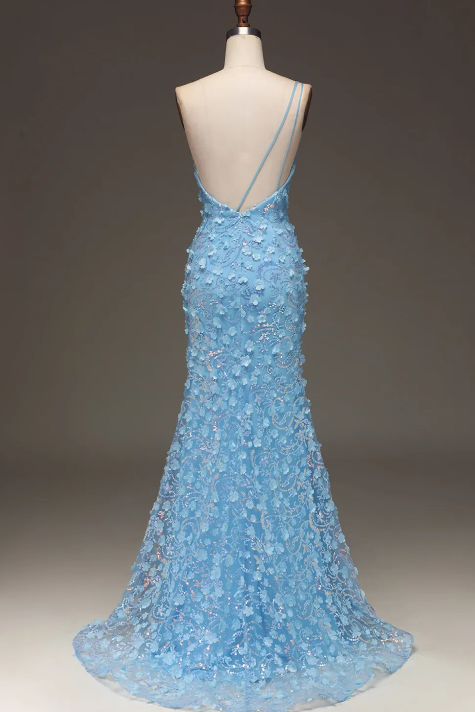 Sereia Azul Clara Um Ombro Lado Fenda Vestido de Baile de Lantejoulas com Apliques